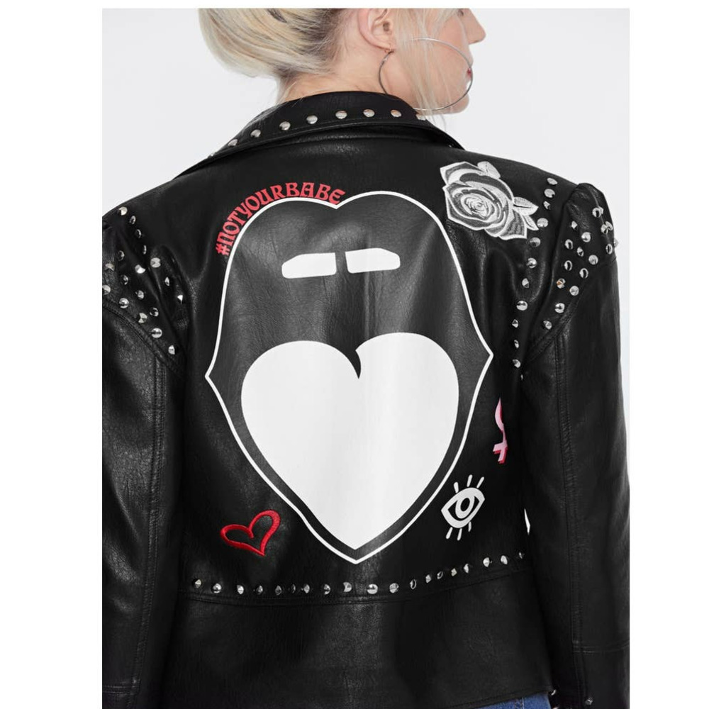 Nasty Gal X Jaydee Elma Womens Faux Leather Studded Moto Graphic Jacket size 4